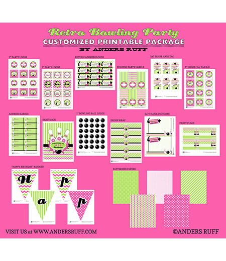 Retro Girl Bowling Birthday Party Printable Collection - Pink Green